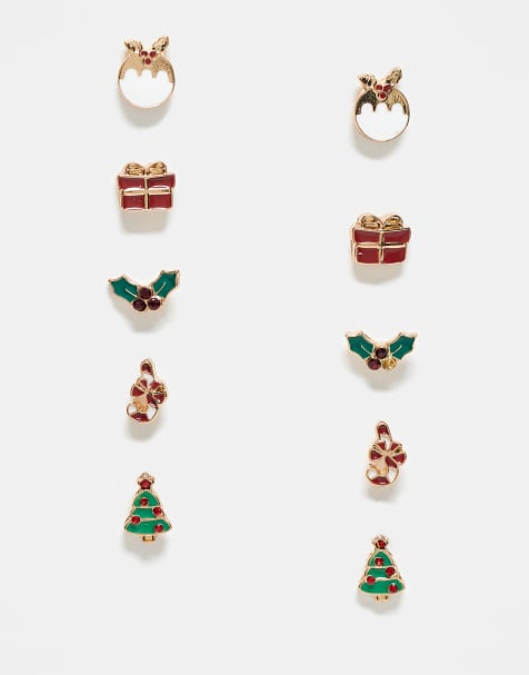 Accessorize - Confezione da 5 paia di orecchini natalizi a bottone multicolore - view 1