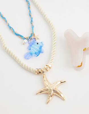 Accessorize Cord Pendant Fish Necklace Stack In Gold