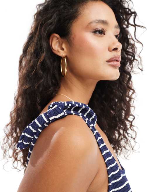 Accessorize - Costume da bagno blu navy a righe con spalline allacciate, 3 di 4
