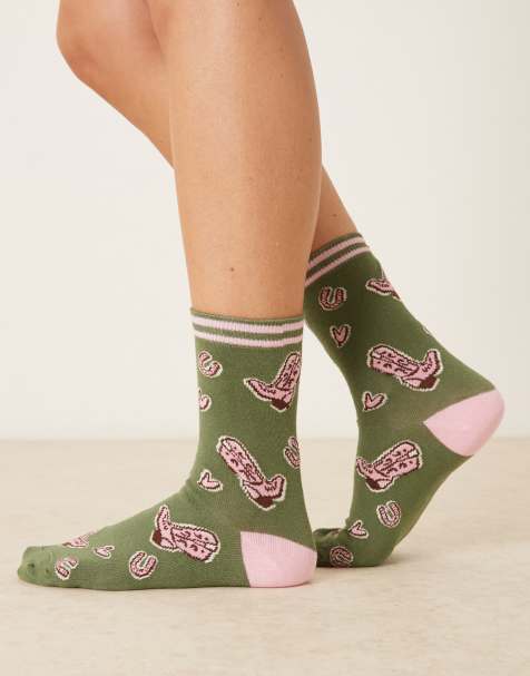Accessorize cowboy boot print socks in khaki - view 1
