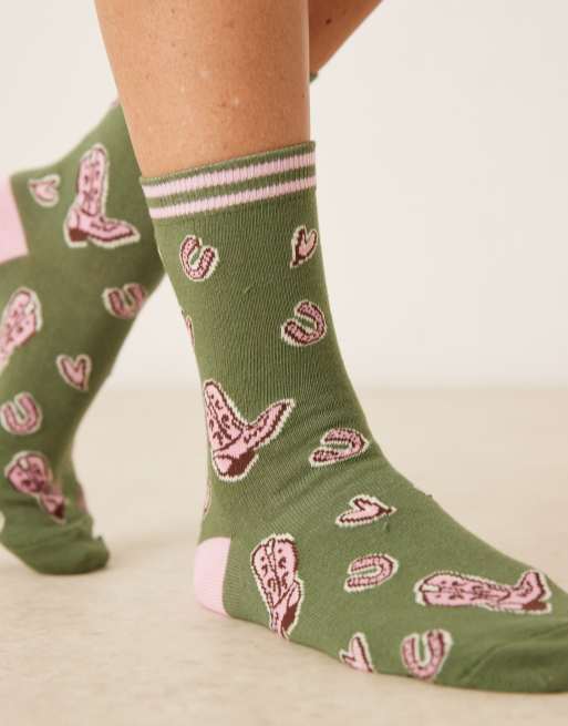 Accessorize cowboy boot print socks in khaki