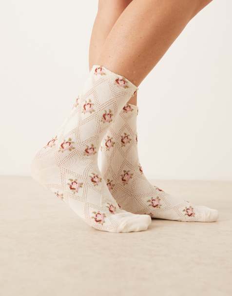 Accessorize - Cremehvide sokker med roseprint - view 1