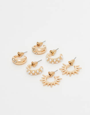 Accessorize - Creolen in Gold mit Himmelskörper-Design und Perlen, 3-er Pack-Goldfarben