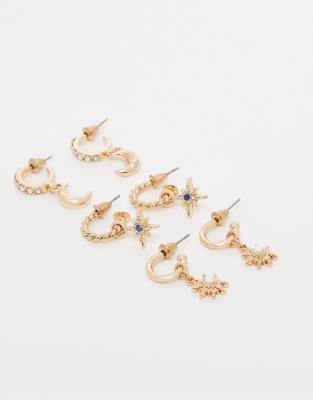 Accessorize - Creolen in Goldoptik mit Himmelskörper-Anhängern und Perlen, 3-er Pack-Goldfarben