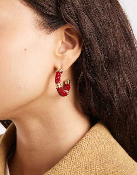 Accessorize - Créoles à perles en émail - Rouge - view 1