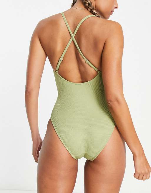 ASOS DESIGN crinkle low back swimsuit in khaki