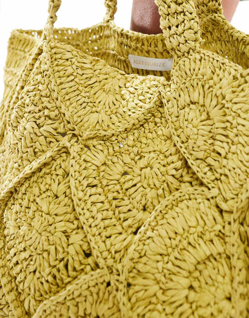 Accessorize crochet beach tote bag in lime green, 3 of 4