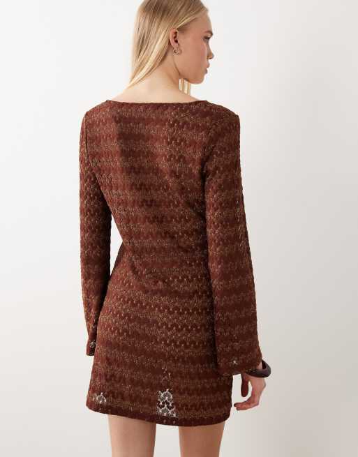 Accessorize crochet long sleeve beach cover up in bronze, 4 of 4