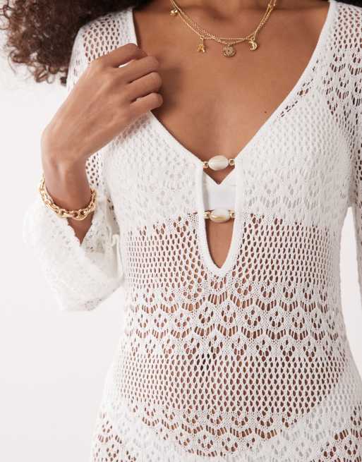 Accessorize crochet long sleeve mini dress in cream, 4 of 4
