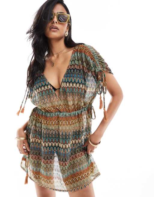 Accessorize Crochet V Neck Mini Beach Dress in Multi