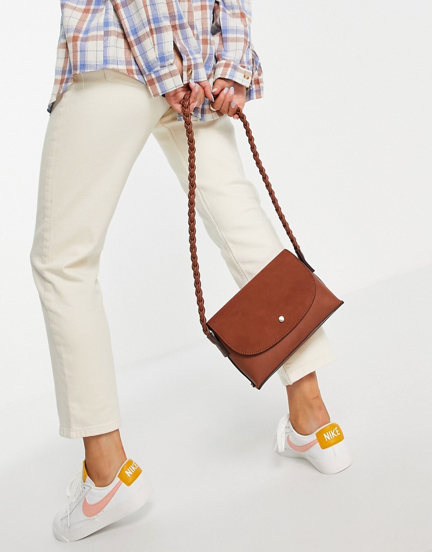 Accessorize cross body bag with plaited strap in tan suedette-Brown