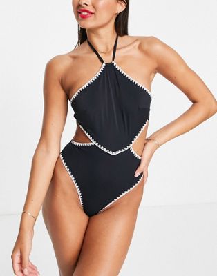 Accessorize cut out with contract stitching swimsuit in black
