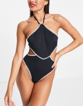 Free Society one shoulder crinkle swimsuit in baby blue | ASOS