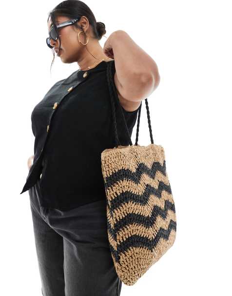 Accessorize – Czarno-beżowa luźna torba plażowa typu shopper w paski - view 1