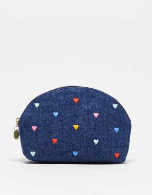 Accessorize denim mini washbag with embroidered hearts