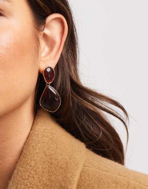 Accessorize double stone drop earrings in brown - view 1