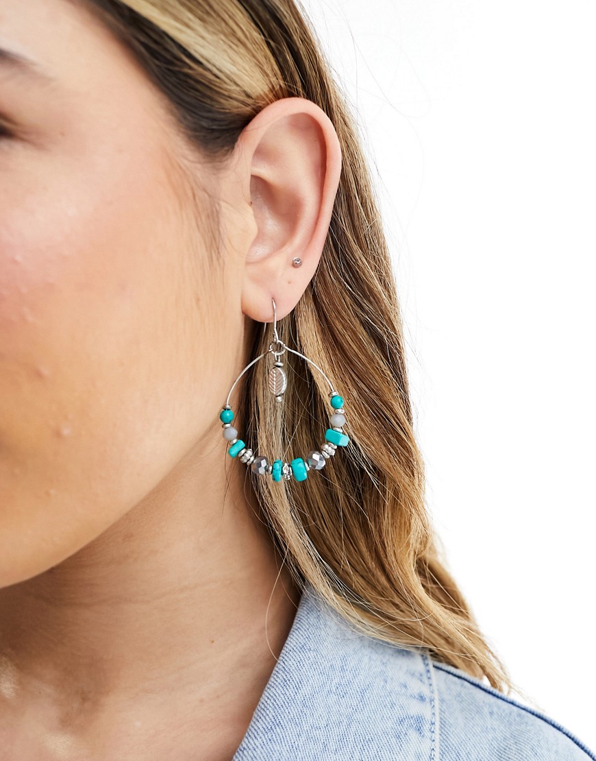 Accessorize drop beaded hoop in silver/turquoise