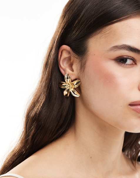 Accessorize – Długie kolczyki z kwiatami lotosu w kolorze złotym - view 1