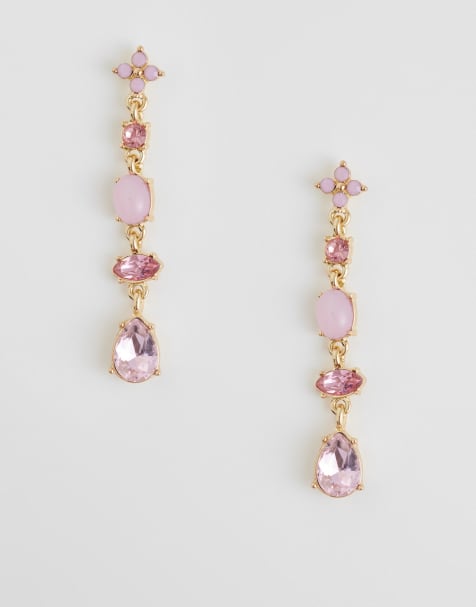 Accessorize eclectic gem flower drop earrings in pink - view 1