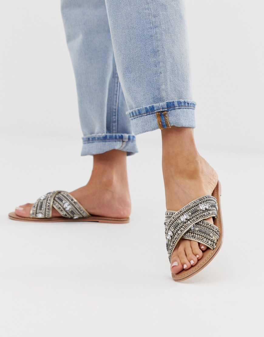 Accessorize embellised cross over flat sandals-Silver