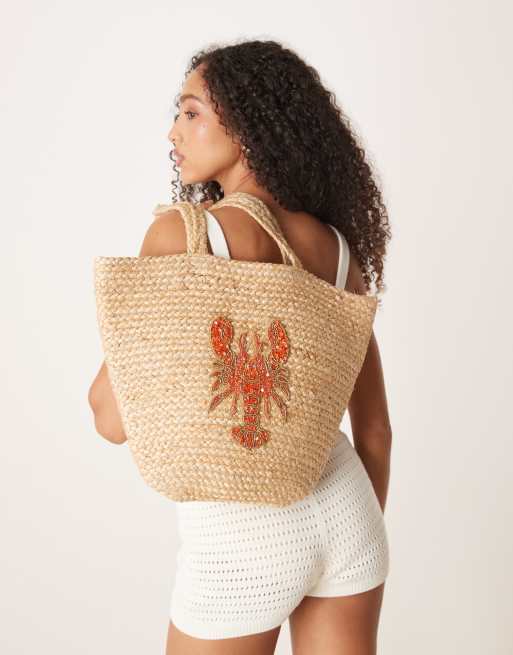 Accessorize embellished lobster straw tote bag in natural