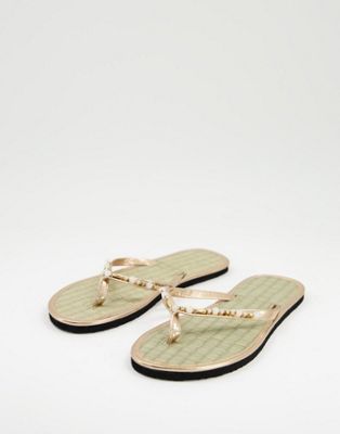 Accessorize embellished seagrass thong flip flops in rose gold
