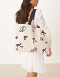 [Accessorize] Accessorize embroidered bow shopper bag in beige-Neutral No Size BEIGE