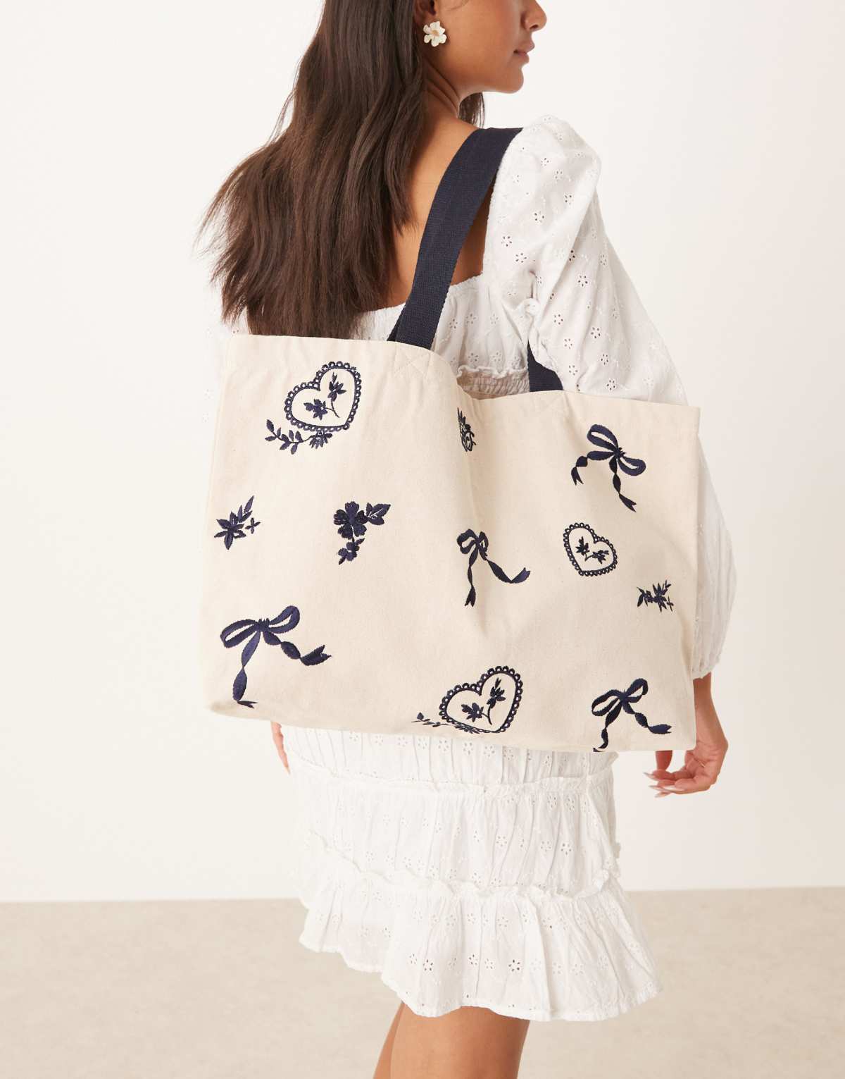 Accessorize embroidered bow shopper bag in beige