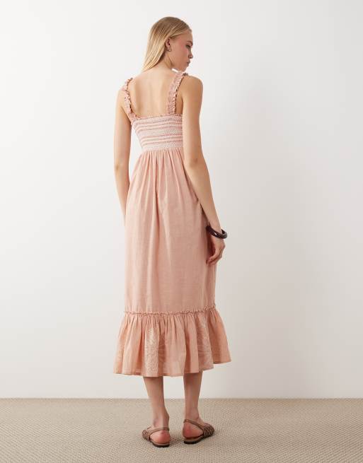 Accessorize embroidered maxi beach dress with frill straps in pink, 3 of 4