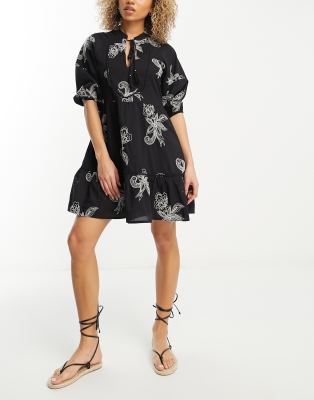 Accessorize embroidered mini throwover beach summer dress in black & white