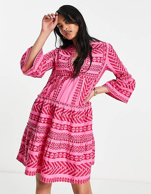 Accessorize embroidered smock summer dress in pink | ASOS