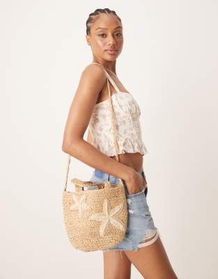 Accessorize embroidered starfish handheld mini straw bag in