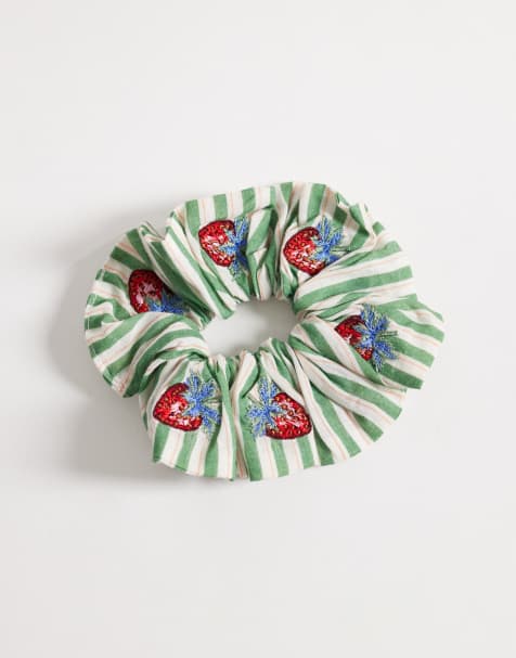 Accessorize embroidered strawberry hair scrunchie in green - view 1