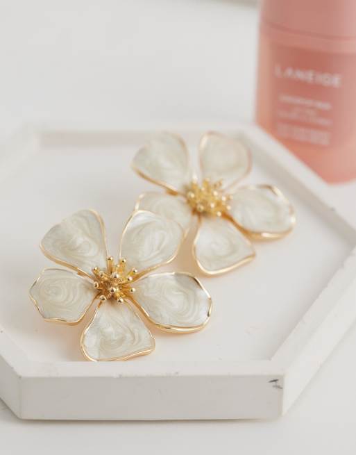 Accessorize enamel flower earrings in white, 2 of 4