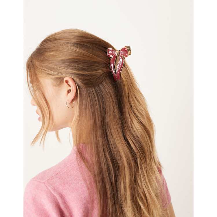 Accessorize enamel metal bow hair claw clip in burgundy | ASOS display picture 1