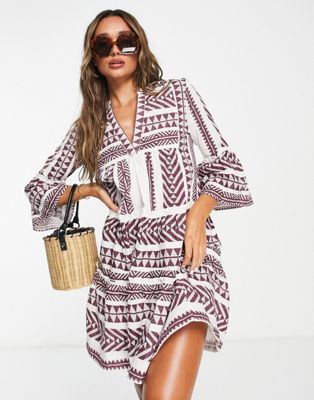Accessorize Exclusive emboidered beach smock summer dress in cream & plum