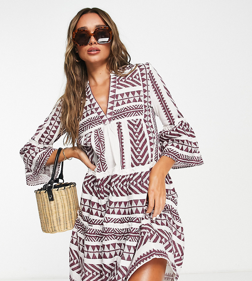 Accessorize Exclusive embroidered beach smock dress in cream & plum-Multi