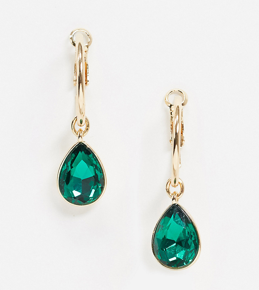 Accessorize Exclusive hoop drop earring with emerald gem-Gold