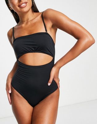 Accessorize Exclusive ruched bandeau cut out swimsuit in black