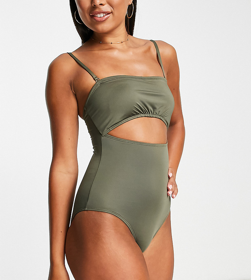Accessorize Exclusive Ruched Bandeau Cut Out Swimsuit In Khaki-green
