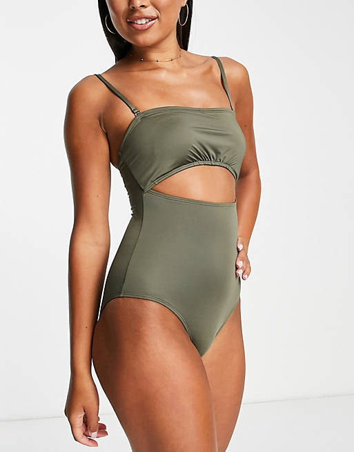Accessorize Exclusive ruched bandeau cut out swimsuit in khaki