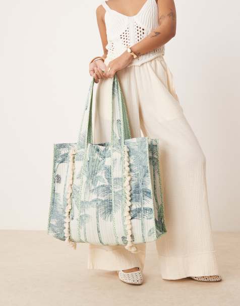 Accessorize extra large palm print quilted shopper in blue - view 1