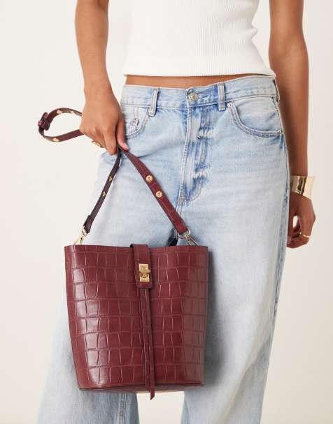 Accessorize faux croc bucket bag in burgundy - view 1