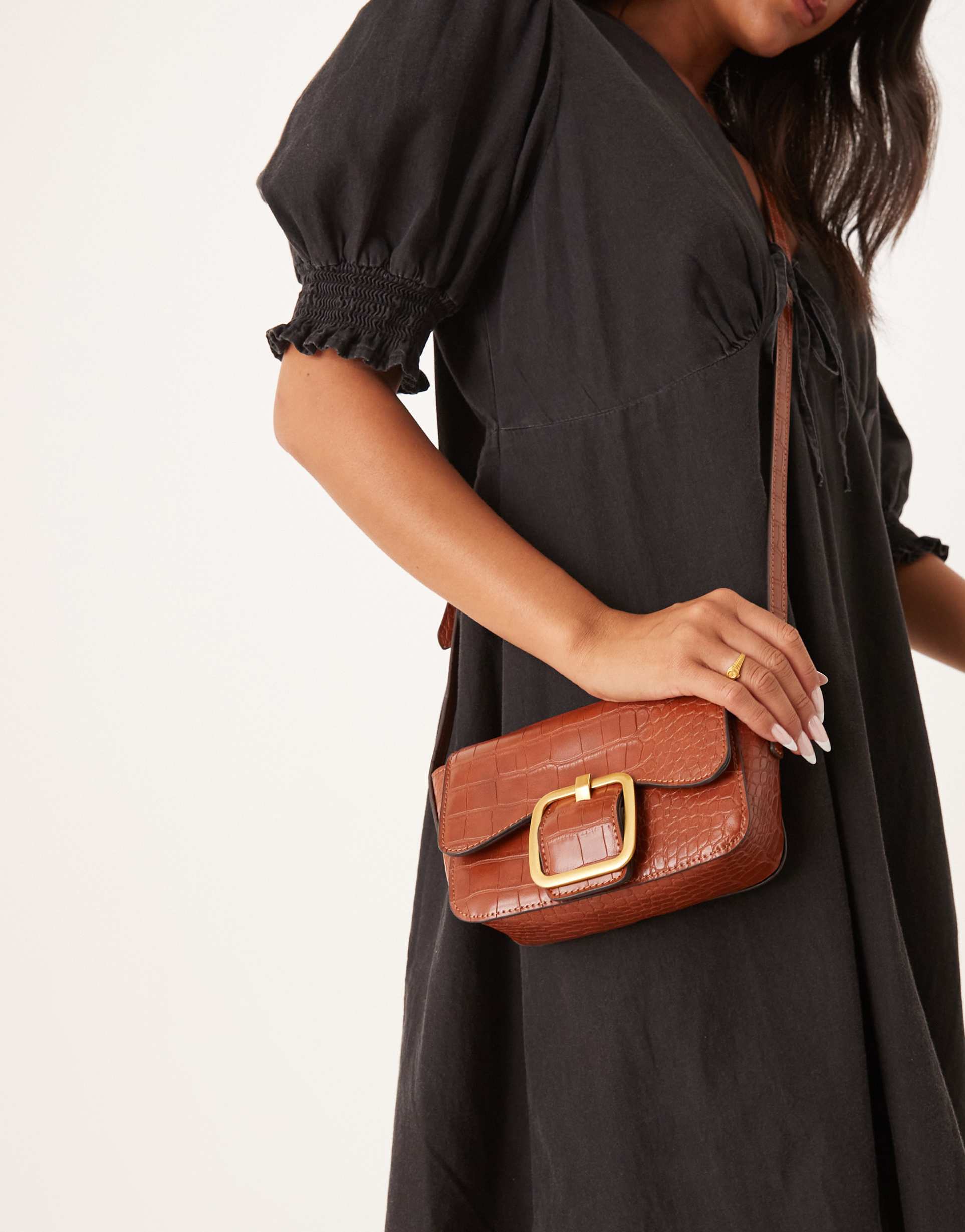 accessorize faux croc buckle crossbody bag in tan