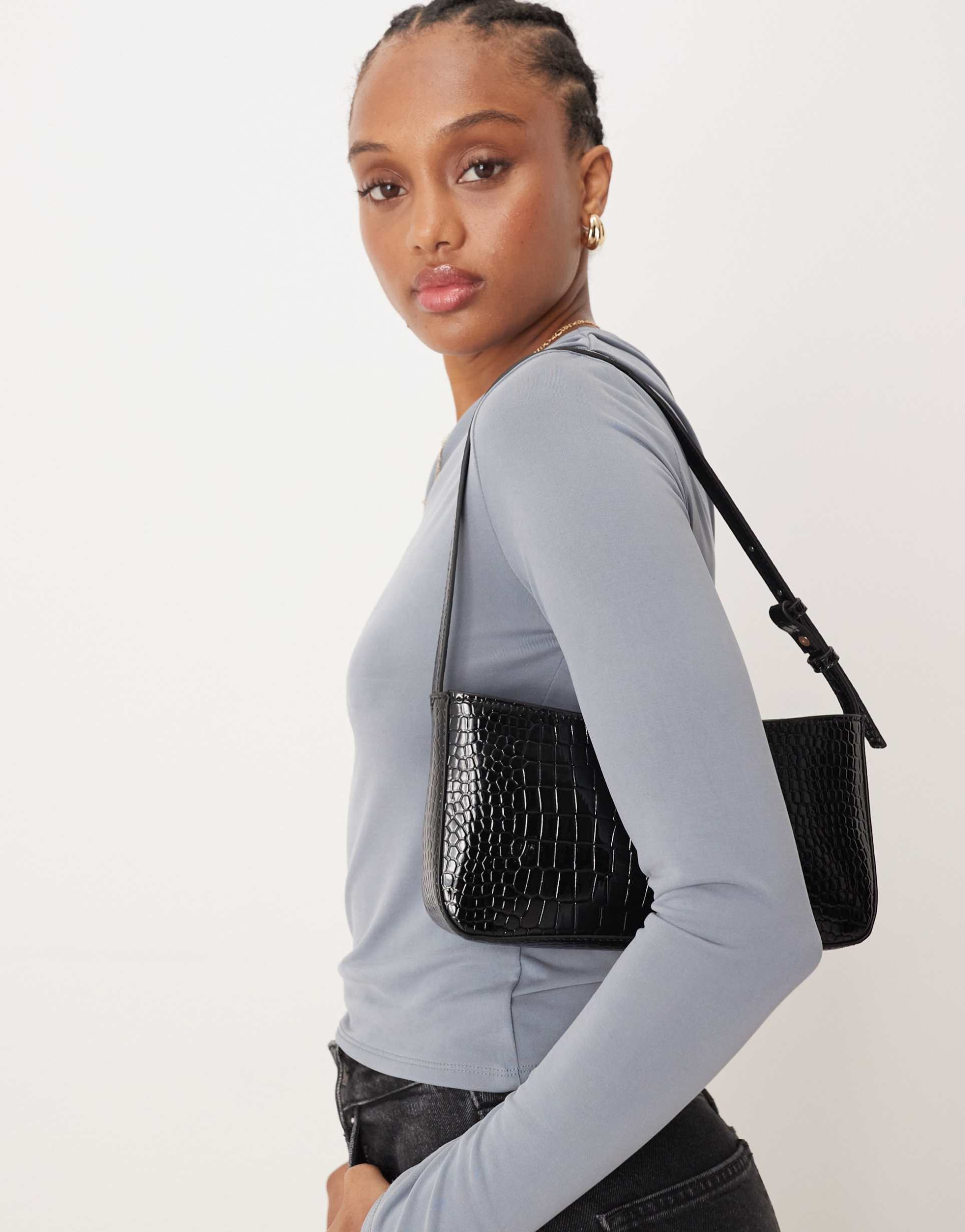 accessorize faux croc shoulder bag in black