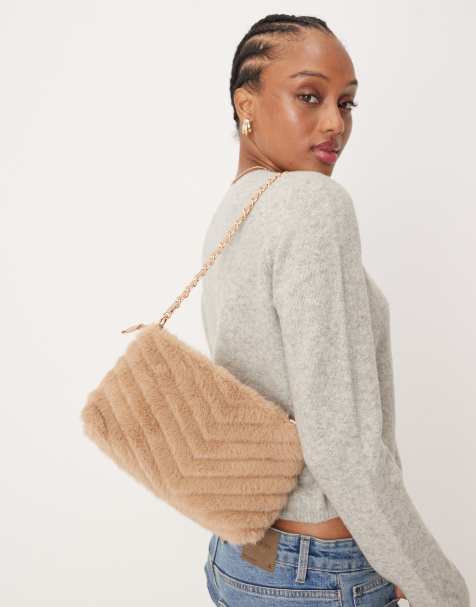Accessorize faux fur chain shoulder bag in beige - view 1