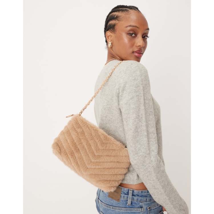Accessorize faux fur chain shoulder bag in beige | ASOS