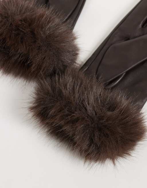 Accessorize faux fur cuff leather gloves in chocolate brown, 2 of 3