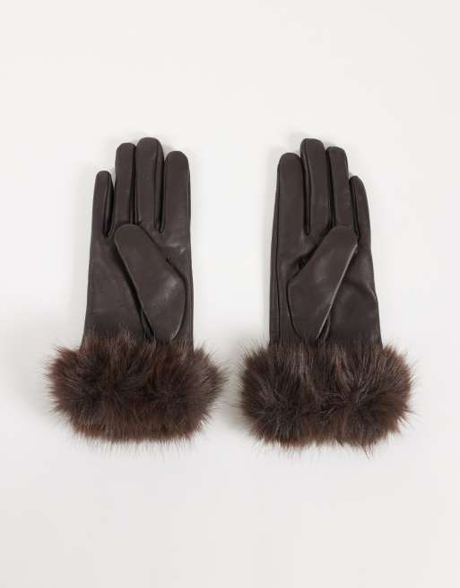 Accessorize faux fur cuff leather gloves in chocolate brown, 3 of 3