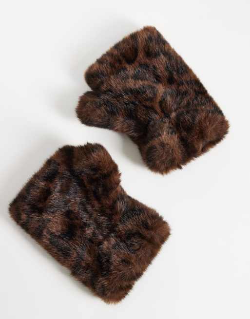 Accessorize faux fur cut off gloves in leopard print, 2 of 3